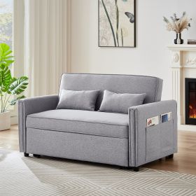 Modern Linen Convertible Loveseat Sleeper Sofa Couch with Adjustable Backrest, 2 Seater Sofa With Pull-Out Bed with 2 Lumbar Pillows For Small Living