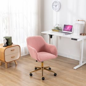 Modern Teddy Fabric Material Adjustable Height 360 Revolving Home Office Chair With Gold Metal Legs And Universal Wheel For Indoor; Pink
