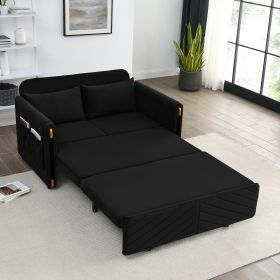 MH 54" Modern Convertible Sofa Bed with 2 Detachable Arm Pockets, Velvet Loveseat Sofa with Pull Out Bed, 2 Pillows and Living Room Adjustable Backres