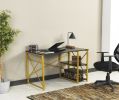 Furnish Home Store Morello Gold Metal Frame 47" Wooden Top 2 Shelves Writing and Computer Desk for Home Office, Black