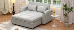 65" Pull Out Sofa Bed Modern Chenille Convertible Loveseat Sofa with Adjsutable Backrest, 2 Pillows, Cup Holders, USB Ports for Living Room, Apartment