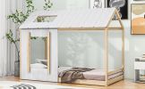 Twin Size House Platform with Roof and Window , White+Natural