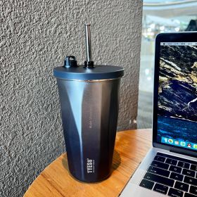 New Vacuum Cup Gradient Ribbon Straw Men And Women Good-looking Simple (Option: Deep Space Silver-600 Ml)