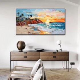 Hand Painted Oil Painting Abstract Seaside Landscape Palette Knife Art Impressionist Island Beach Scene Mural Sunrise Over Sea Artwork 3D Wall Art Per (style: 1, size: 75x150cm)