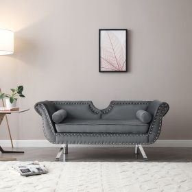 61'Width Modern Accent Velvet Upholstered Loveseat Settee Nailhead Trimming Curved Backrest Rolled Arms Couch with Removable Cushion Silver Metal Legs (Color: Grey)