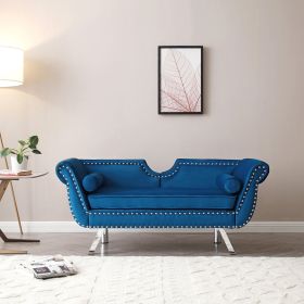 61'Width Modern Accent Velvet Upholstered Loveseat Settee Nailhead Trimming Curved Backrest Rolled Arms Couch with Removable Cushion Silver Metal Legs (Color: Blue)