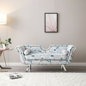 61'Width Modern Accent Velvet Upholstered Loveseat Settee Nailhead Trimming Curved Backrest Rolled Arms Couch with Removable Cushion Silver Metal Legs (Color: Flower)