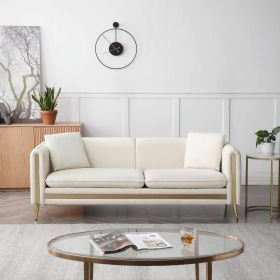 77.2' Modern Upholstered Velvet Sofa 3 Seater Couch with Removable Cushions Side Pocket Mid-Century Tufted Living Room Set Gold Metal Legs,2 Pillows I (Color: Beige)