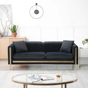 77.2' Modern Upholstered Velvet Sofa 3 Seater Couch with Removable Cushions Side Pocket Mid-Century Tufted Living Room Set Gold Metal Legs,2 Pillows I (Color: Black)