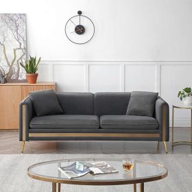 77.2' Modern Upholstered Velvet Sofa 3 Seater Couch with Removable Cushions Side Pocket Mid-Century Tufted Living Room Set Gold Metal Legs,2 Pillows I (Color: Grey)