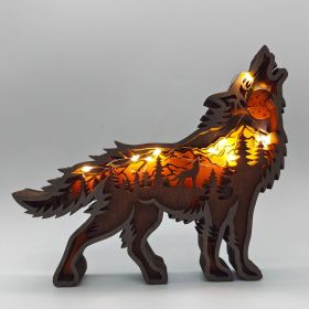 Christmas Decoration Wooden Animal Carving Handcraft Gift Wall Hanging Sculpture 3D Bear Deer Elk Art Decor New Year Ornaments (style: String with lights, Color: Wolf)