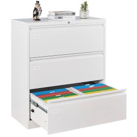 3 Drawer Lateral Filing Cabinet for Legal/Letter A4 Size, Large Deep Drawers Locked by Keys, Locking Wide File Cabinet for Home Office, Metal Steel (Color: as Pic)