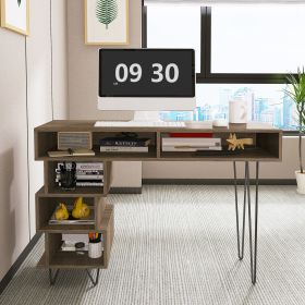 43.31inches medieval profiled geometry desk, computer desk, modern writing study desk with open lattice and v-shaped iron leg, multi-purpose home offi (main material: Particle Board, Color: Brown)