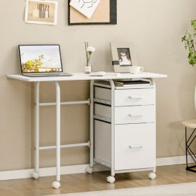Home Office Folding Computer Laptop Desk Wheeled with 3 Drawers (Color: White)